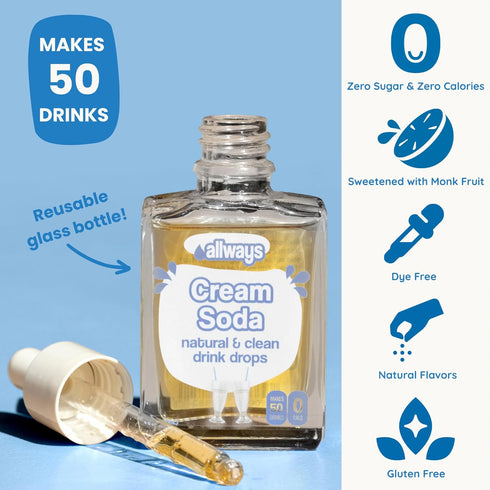 50 Allways Cream Soda Drops Sugar Free Liquid Water Enhancer with Monk Fruit Zero Calorie Cream Soda Drink Mix