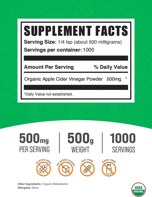500mg 500g (1.1 lbs) (Pack 1) BulkSupplements.com Organic Apple Cider Vinegar Powder - Apple Cider Vinegar Supplement