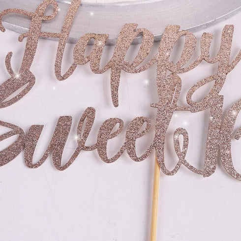 Happy Sweet 16 Cake Topper, Cheers to 16 Years, Rose Gold Decoration for 16th Birthday or Wedding Anniversary