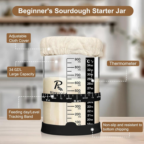 RMRICCA 34oz Pro Sourdough Starter Jar Glass Large Capacity wreck jars with glass lid, Fermenters Tool for Home Bakers