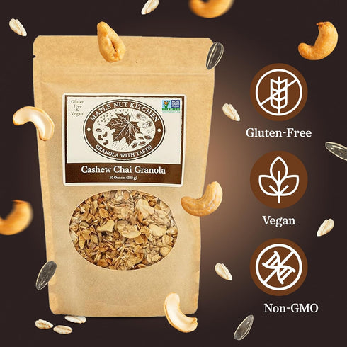 3 Pack Maple Nut Kitchen Gluten Free Chai Granola with Cashews Certified Gluten Free Oats, Shredded Coconut, Sunflower