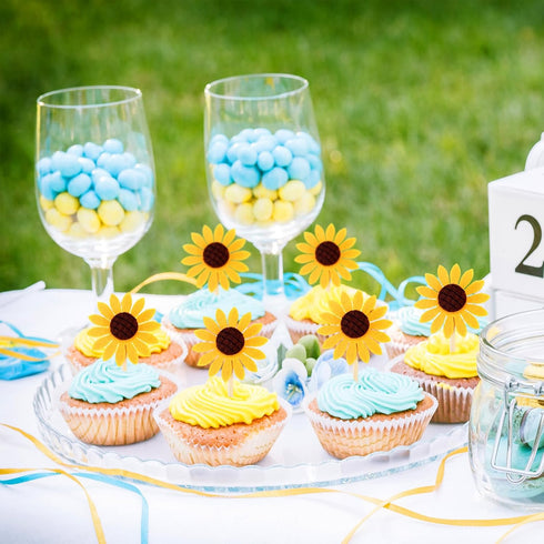 60 Pieces Sunflower Cupcake Toppers, Yellow Flower Cake Picks for Wedding Party Supplies