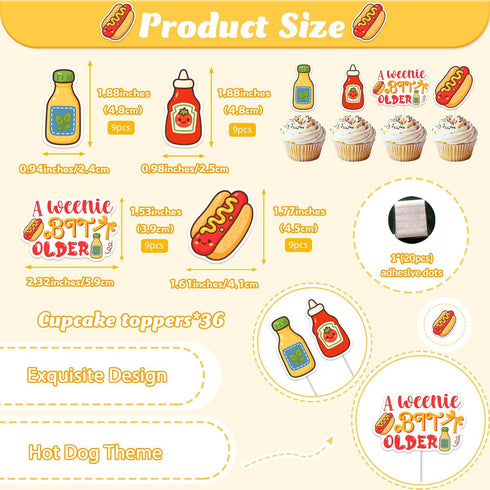 36Pcs A Weenie Bit Older Cupcake Toppers Hot Dog Birthday Party Decorations Hotdog Sausage Cake Decor for Kids BBQ