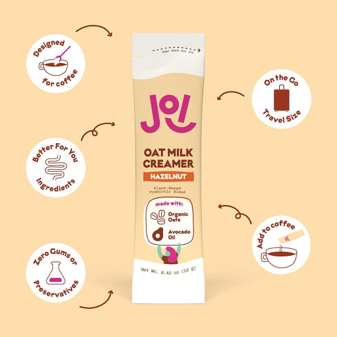 10ct JOI Oat Milk Coffee Creamer, Hazelnut. Biodegradable Single Serves. Non-Dairy, Functional Prebiotic Superfood