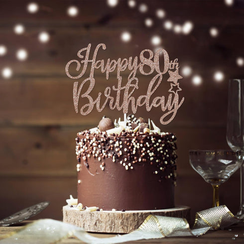 Happy 80th Birthday Cake Topper – Rose Gold Glitter 80th Anniversary Cake Decorations for Women