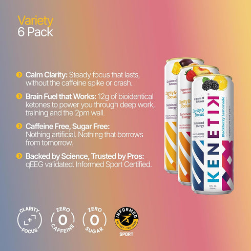 12oz 6 Pack, KENETIK Caffeine-Free Focus Drink Brain Fuel for Mental Clarity and Cognitive Endurance, Sugar-Free