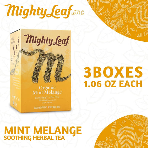 15-Count 1.32 Oz (Pack 3) Mighty Leaf Organic Tea, Mint Melange, Whole Leaf Pouches