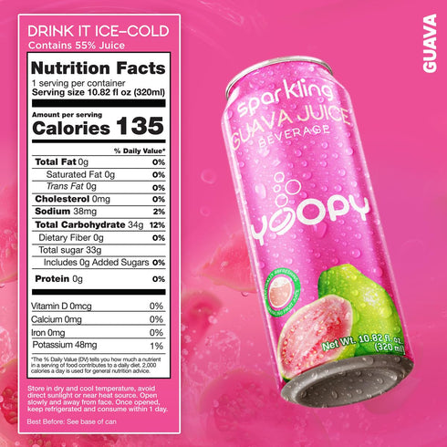 12-Pack (10.82 oz 55% Yoopy Sparkling Guava Juice fl Cans) Naturally Sweet, No Added Sugar Fruity, Refreshing