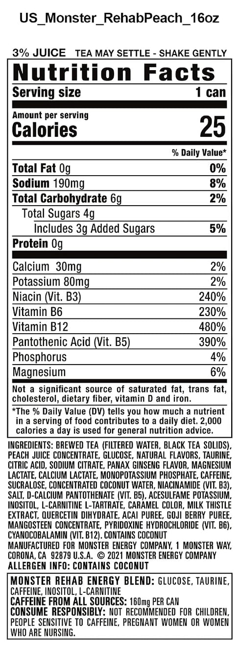 15.5 Pack 15 Monster Rehab Peach Tea + Energy, Energy Drink, Ounce | Energy Iced Tea