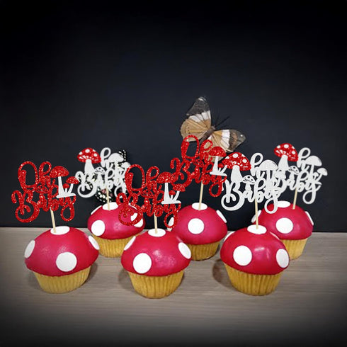 Ephlyn 24Pcs Mushroom Oh Baby Cupcake Toppers Glitter Mushroom Baby Shower Cake Topper Decorations for Spring Mushroom