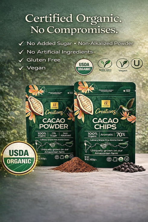 70% 16oz 16oz U Organic Cacao Powder + Dark Cacao Chips Bundle Single Origin Amazon, Non-Alkalized, Fine Aroma, +