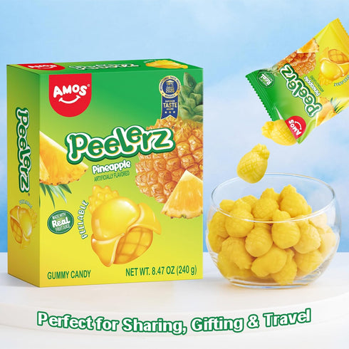 Gummy 8.47oz 10 Packs Gummy AMOS Peelerz Pineapple Candy, Peelable Fruit-Shaped Candy, Box with Individual Fun Peeling