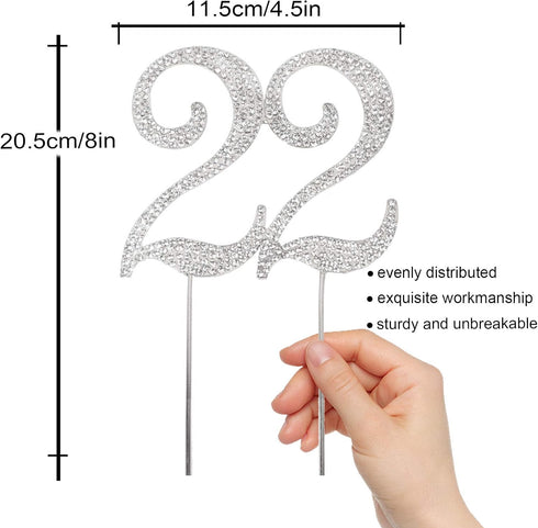 22 Years Birthday Cake Topper - Crystal Rhinestone 22nd Wedding Anniversary or 22 Years Old Decoration