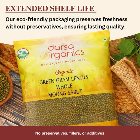 2 lb Darsa Organics Whole Green Moong (Mung) Bean Lentils USDA Organic, Non-GMO, Kosher, Gluten-Free | Protein & Fiber
