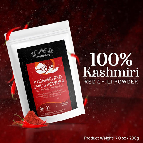 SpiceFix Kashmiri Red Chilli Powder - Mild to Medium Heat, Sun-Dried Indian Red Chili Powder in Resealable Bag, 7 Ounces