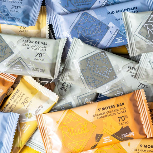 8-Pack 2 25g Ritual Chocolate Mini Bar Variety Each of Honeycomb Toffee, Fleur de Sel, Mid Mountain & Smores Bite-Sized