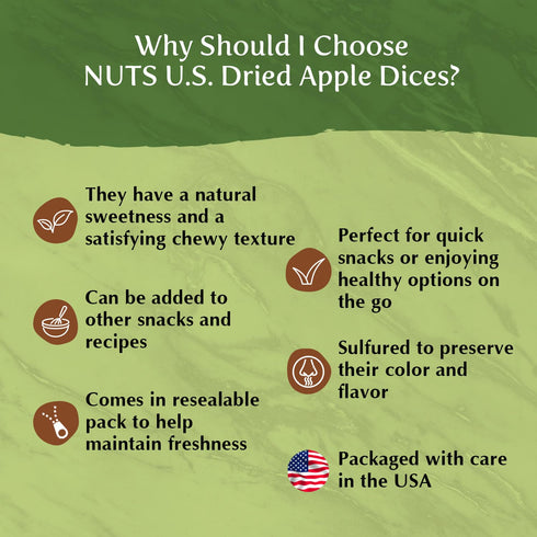 Packed (1 LB) NUTS U.S. - Dried Apple Dices | Freshly Peeled and Cored | No Added Sugar | Chewy Texture | Non-GMO |