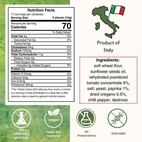 8.8 oz I Macoritti Special Breadsticks with Tomato, Oregano and Paprika, Zero Sugar, Non-GMO, Preserve Free, Made