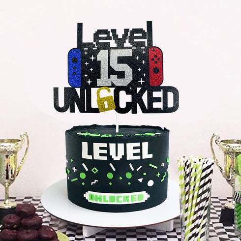 Happy 15th Birthday Video Game Cake Topper, Level 15 Unlocked Decoration for Kids Boys Girls Birthday Party