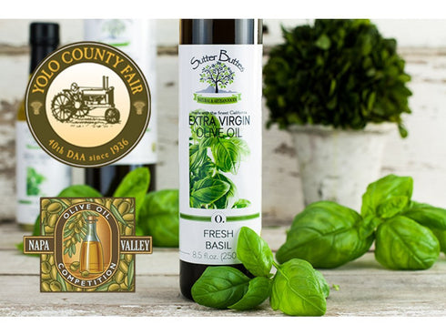 Sutter Buttes (250 ml Extra Virgin Olive Oil Fresh Basil Infused bottle) Handcrafted, Artisan Gourmet EVOO Cold Pressed