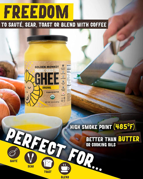 (32oz) GOLDEN MONKEY Organic Ghee Butter Grass Fed Clarified Butter for Cooking, Baking, Keto & Gut Health Ghee Butter
