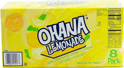 12-fluid 8-pack (1) Ohana! lemonade, non-carbonated drink, caffeine free, ounce cans, in box