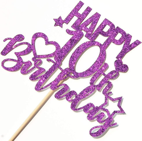 Purple Glitter Happy 10th Birthday Cake Topper - Cheers to 10 Years Children's Birthday Party Cake Decorations