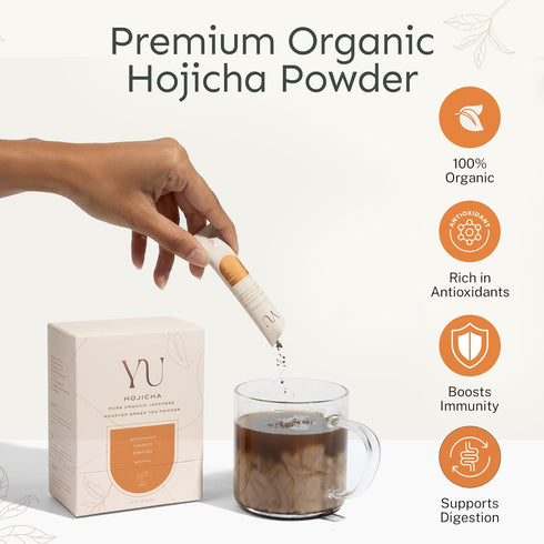 30 Packets Yu Tea Organic Hojicha Green Tea Powder, Instant | Rich in Antioxidants & EGCG | Pure Japanese Roasted Green