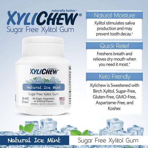 Xylichew 100% Xylitol Chewing Gum - Ice Mint, 60 Count - Non GMO, Gluten Free, Sugar Free, Natural Oral Care