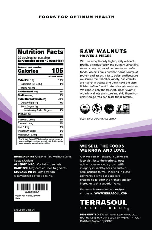 2 Lbs (2 Pack) Terrasoul Superfoods Organic Raw Walnuts, - Chandler Variety | Fresh | Light Color