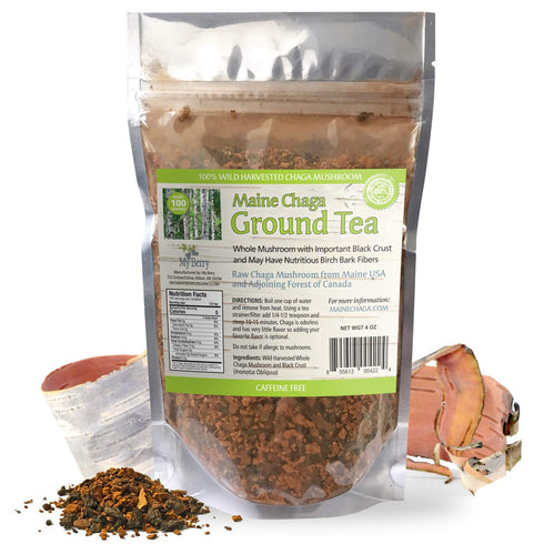Maine Chaga Ground Tea Powder - 4oz, Coarse Ground, 100% Wild-Harvested, Caffeine-Free, 100 Servings