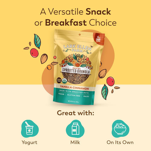 8 oz 3 Pack Lark Ellen Farm Vanilla Cinnamon Granola Clusters, Gluten Free, Vegan, Certified Organic, Low Sugar Healthy