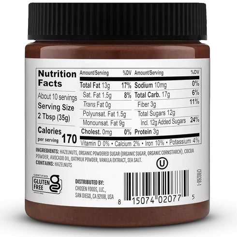 100% 40% Oil,12 oz 2-Pack Chosen Foods Chocolate Hazelnut Spread - Made with Pure Avocado Oil, Simple Ingredients, Less