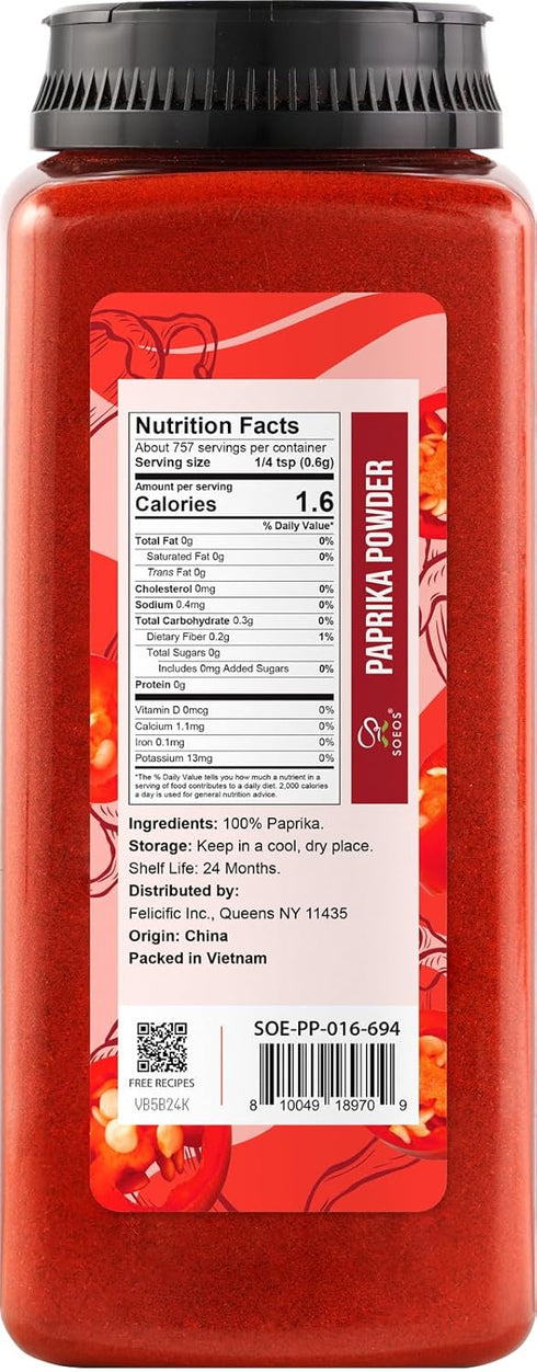 16 oz (Pack 1), Soeos Paprika Powder, of Sweet Paprika Seasoning for Marinade, Cooking, Grilling, Dipping, Perfect