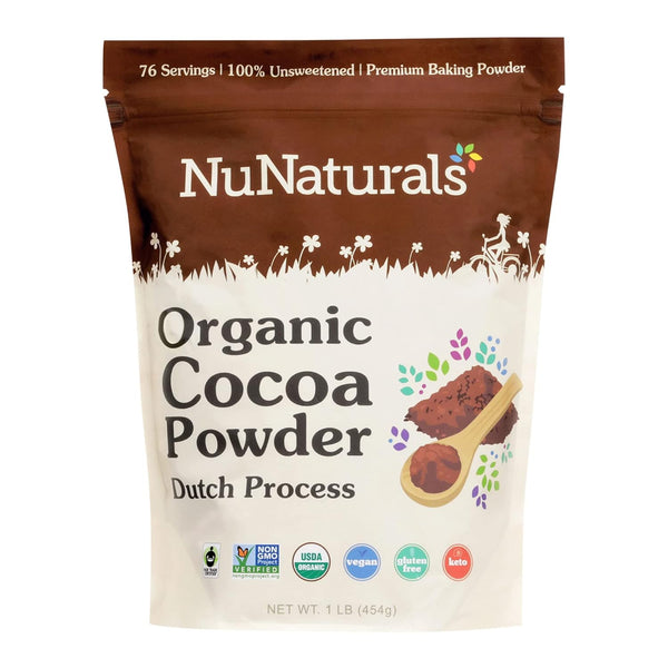 NuNaturals Unsweetened Organic Fairtrade Certified Cocoa Powder, Premium Dutch-Process For Drinking and