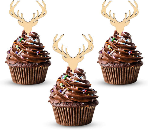 Wooden Deer Cupcake Toppers, Antler Cake Picks, Rustic Country Party Decoration Supplies, 24 Counts