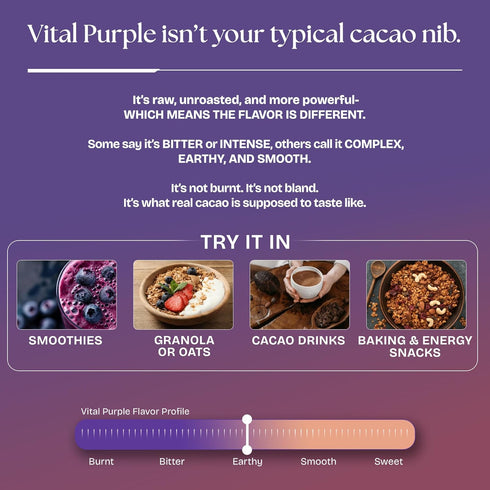 100% 900mg (10 oz) Vital Purple High Flavonal Raw Cocoa Energy Nibs Flavanols, Purple Cacao, Unroasted & Unfermented