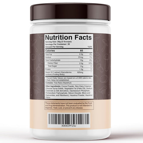10:1 30 Mushroom Hazelnut Powder with Reishi Extract, Hot Cocoa Powder Caffeine-Free Mushroom Coffee Alternative