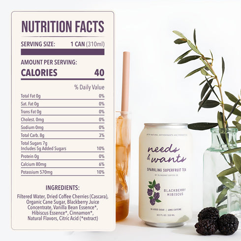 10.5oz (12 Pack) Needs & Wants Sparkling Tea - Blackberry Hibiscus, Cans | Organic Superfruit Tea with Cascara