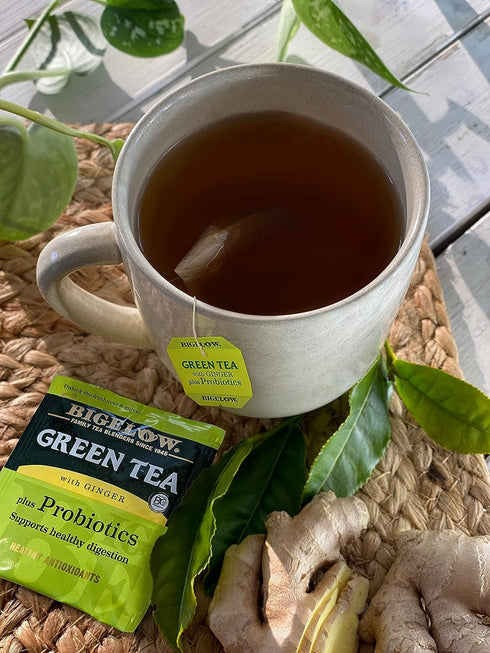 Bigelow Tea Green Tea with Ginger Plus Probiotics, Caffeinated Tea, 18 Count Box (Pack of 6)