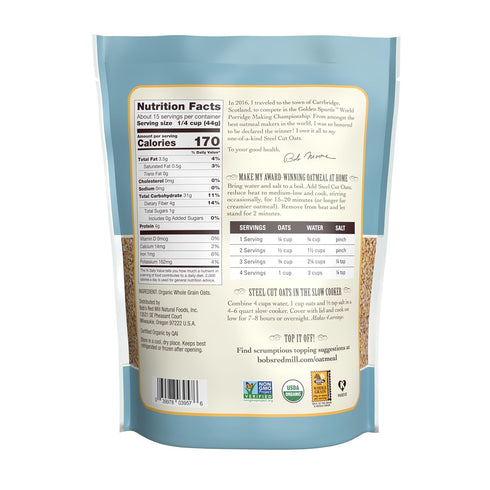 24oz (Pack 4) Bob's Red Mill Organic Steel Cut Oats, of - Non GMO, Whole Grain, Vegan, Kosher