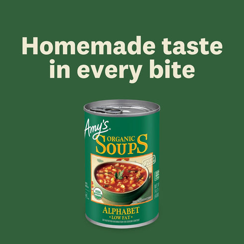 14.1 Oz Amys Soup, Vegan Alphabet Soup, Low Fat, Made With Organic Potatoes, Carrots and Green Beans, Canned Soup