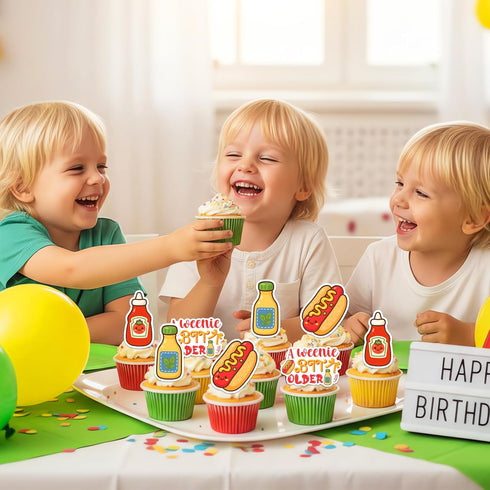 36Pcs A Weenie Bit Older Cupcake Toppers Hot Dog Birthday Party Decorations Hotdog Sausage Cake Decor for Kids BBQ