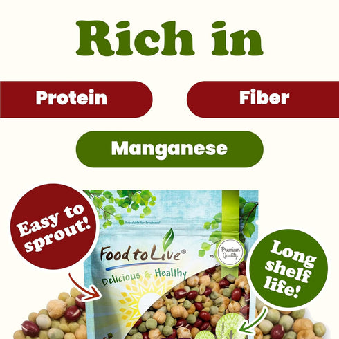1 Crunchy Mix of Sprouting Bean Seeds, Pound Green Peas, Adzuki, Lentils, Garbanzo, Kosher, Raw