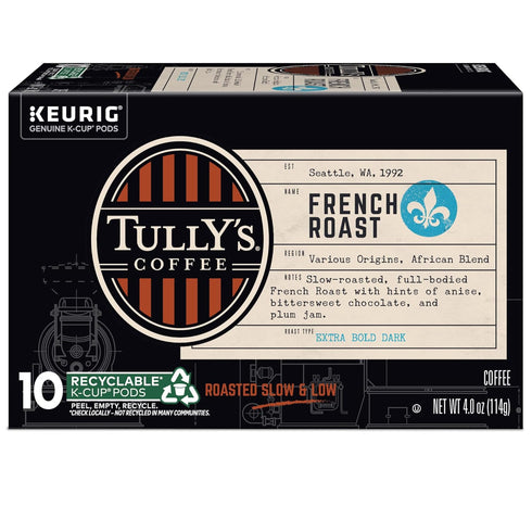 60 Count, (6 Packs 10) Tully's Coffee French Roast, Keurig Single Serve K-Cup Pods, Dark Roast Coffee