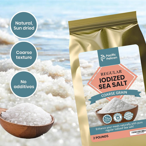2 Pack 2 Pacific Pelican Iodized Sea Salt Coarse Grain Pounds of Unrefined Kosher, Natural Iodized, Ideal for Paleo