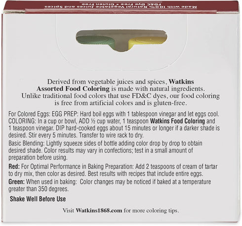 1 0.3 oz 4 Count (Pack 2) Watkins Assorted Food Coloring, Each Red, Yellow, Green, Blue, Total Four bottles