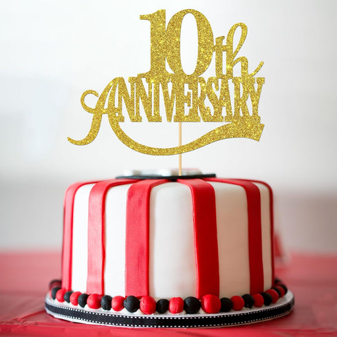 Gold Glitter 10th Anniversary Cake Topper - Happy 10th Wedding Anniversary / Birthday Party Decorations