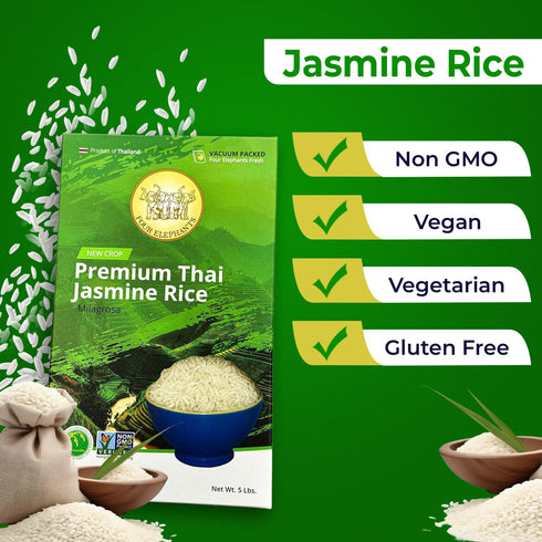 5 (LBS) Packaging Pounds Premium Thai Hom Mali Jasmine Rice | Endorsed By Pro Chefs | Four Elephants Brand | DIY