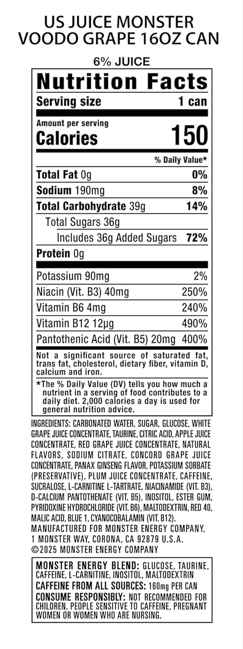 16 (Pack 15) Monster Energy Juice Voodoo Grape, Energy + Juice, Energy Drink, Ounce